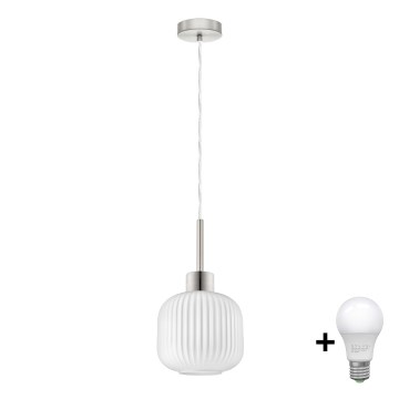 LED Lustr na lanku HARMA 1xE27/60W/230V pr. 20 cm matný chrom/bílá