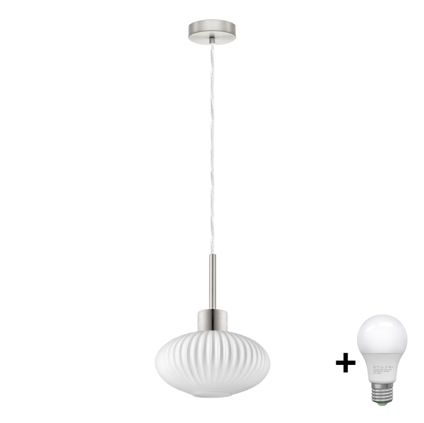 LED Lustr na lanku HARMA 1xE27/60W/230V pr. 25 cm matný chrom/bílá
