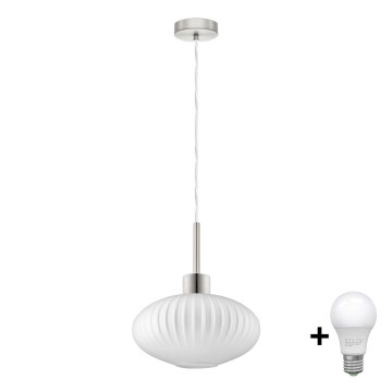 LED Lustr na lanku HARMA 1xE27/60W/230V pr. 30 cm matný chrom/bílá