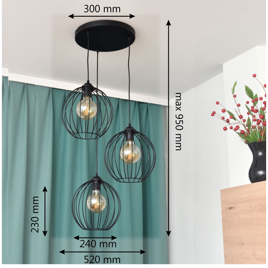 LED Lustr na lanku MERCURE 3xE27/15W/230V ø 50 cm černá