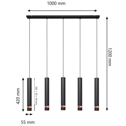 LED Lustr na lanku TUBA 5xGU10/6,5W/230V černá/měděná