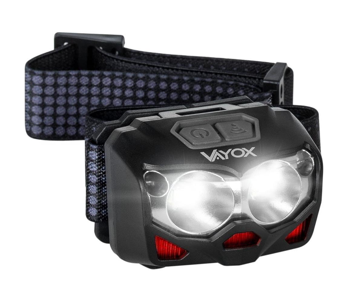 Vayox LED Nabíjecí čelovka se senzorem 2xLED/5W/5V/3xAAA IP65 500 lm 10,5 h 1200 mAh 