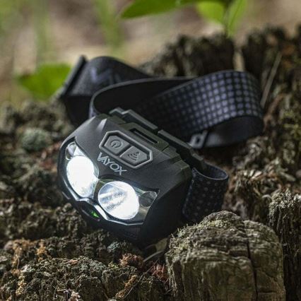 LED Stmívatelná nabíjecí čelovka se senzorem a červeným světlem 2xLED/5W/5V/3xAAA IP65 500 lm 1200 mAh
