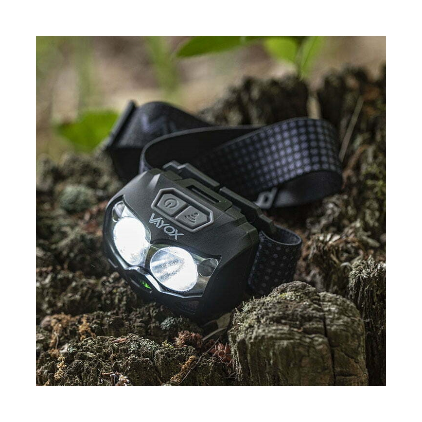 LED Stmívatelná nabíjecí čelovka se senzorem a červeným světlem 2xLED/5W/5V/3xAAA IP65 500 lm 1200 mAh