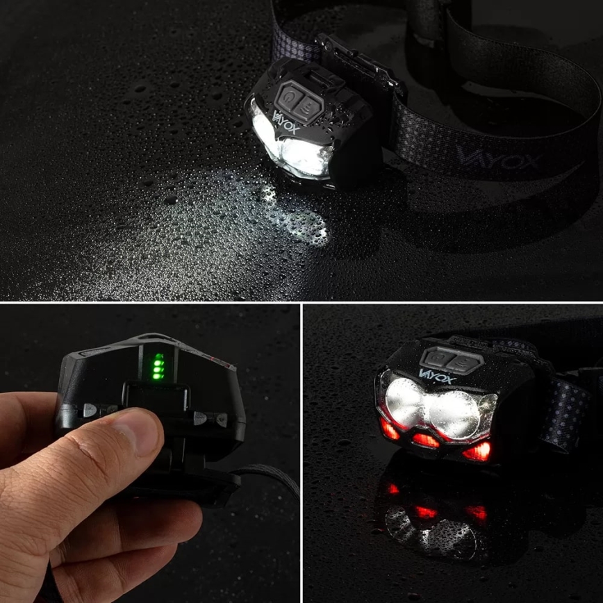 LED Stmívatelná nabíjecí čelovka se senzorem a červeným světlem 2xLED/5W/5V/3xAAA IP65 500 lm 1200 mAh