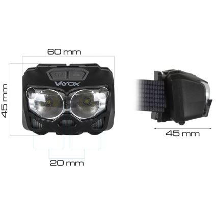 LED Stmívatelná nabíjecí čelovka se senzorem a červeným světlem 2xLED/5W/5V/3xAAA IP65 500 lm 1200 mAh