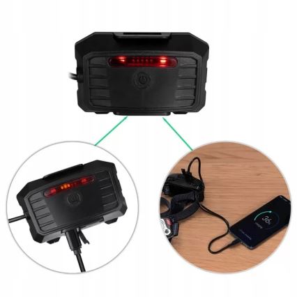LED Stmívatelná nabíjecí čelovka se senzorem s funkcí powerbanky a červeným světlem LED/10W/5V IP44 1200 lm 4000 mAh