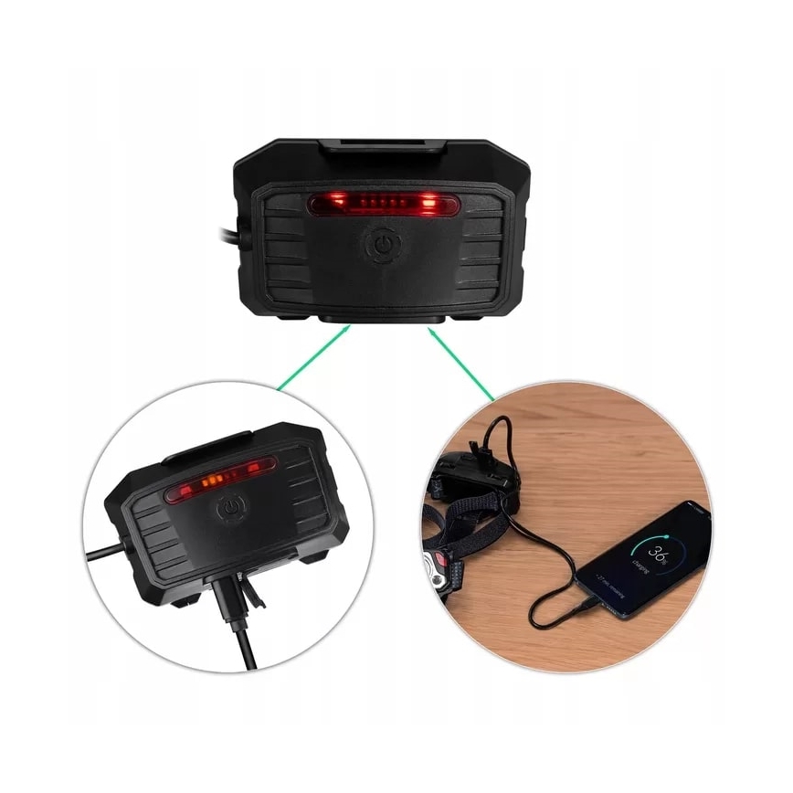 LED Stmívatelná nabíjecí čelovka se senzorem s funkcí powerbanky a červeným světlem LED/10W/5V IP44 1200 lm 4000 mAh