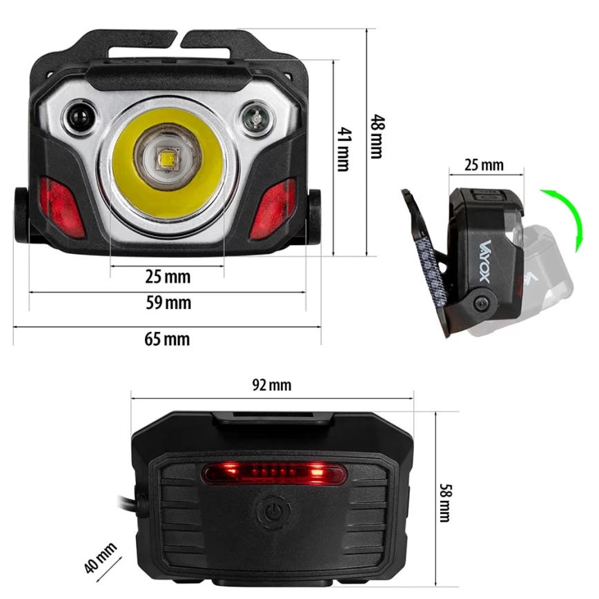 LED Stmívatelná nabíjecí čelovka se senzorem s funkcí powerbanky a červeným světlem LED/10W/5V IP44 1200 lm 4000 mAh