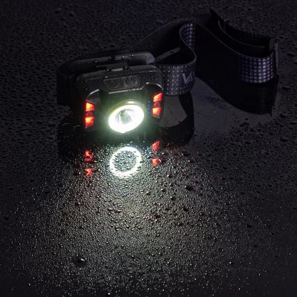 LED Stmívatelná nabíjecí čelovka se senzorem a červeným světlem LED/15W/5V IP66 430 lm 1800 mAh