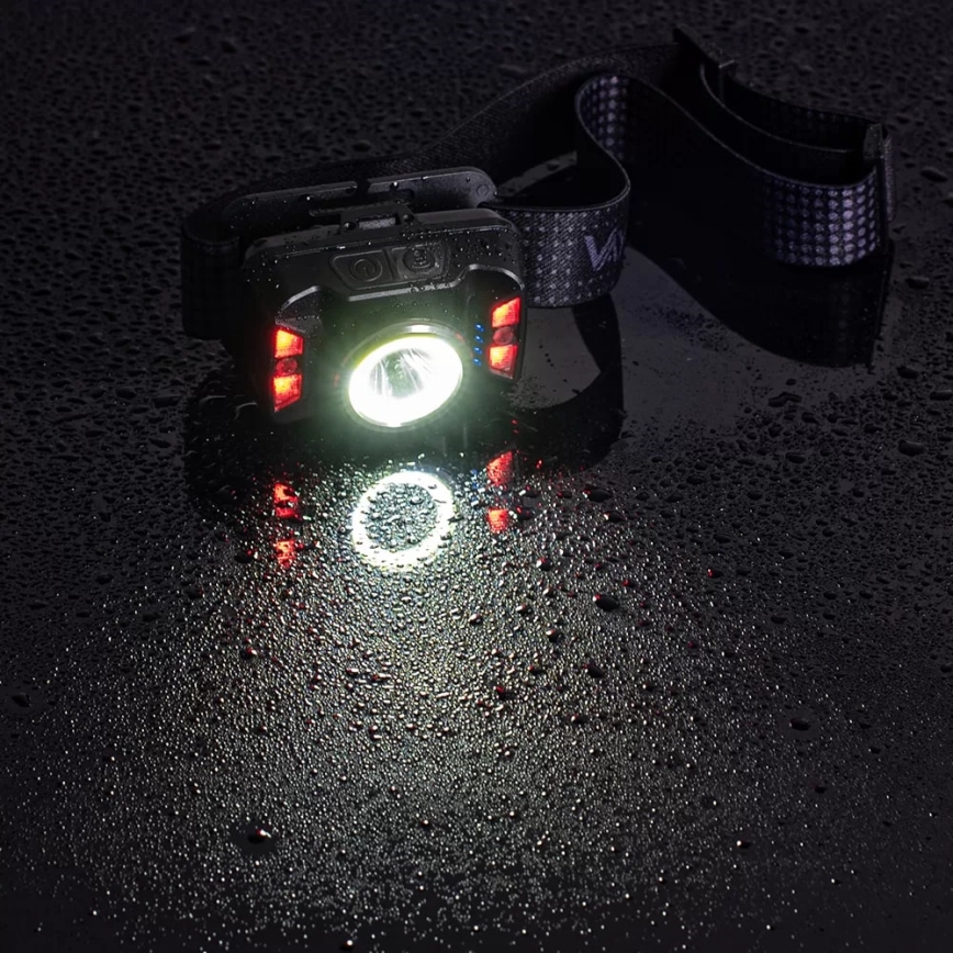 LED Stmívatelná nabíjecí čelovka se senzorem a červeným světlem LED/15W/5V IP66 430 lm 1800 mAh