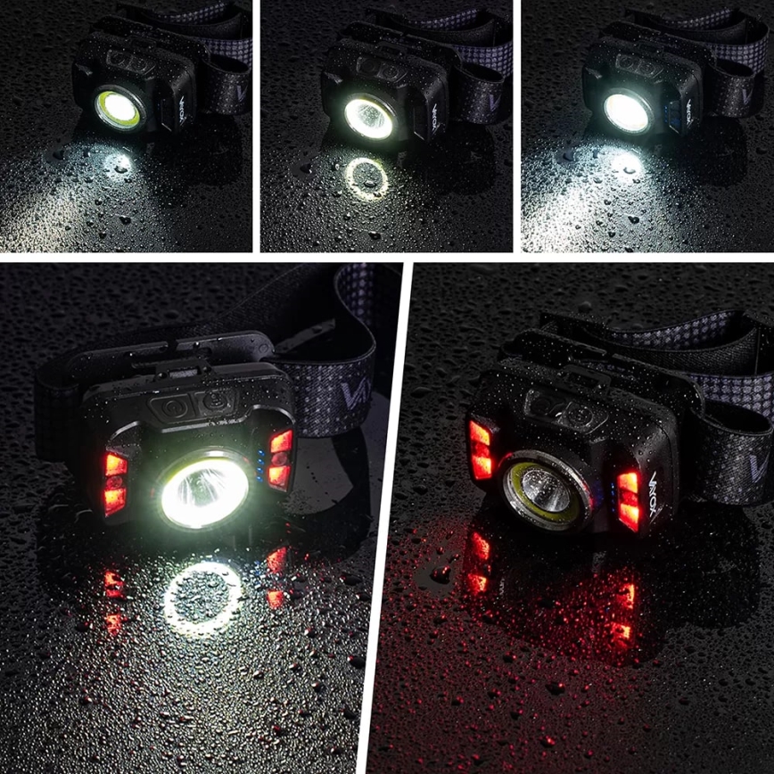 LED Stmívatelná nabíjecí čelovka se senzorem a červeným světlem LED/15W/5V IP66 430 lm 1800 mAh
