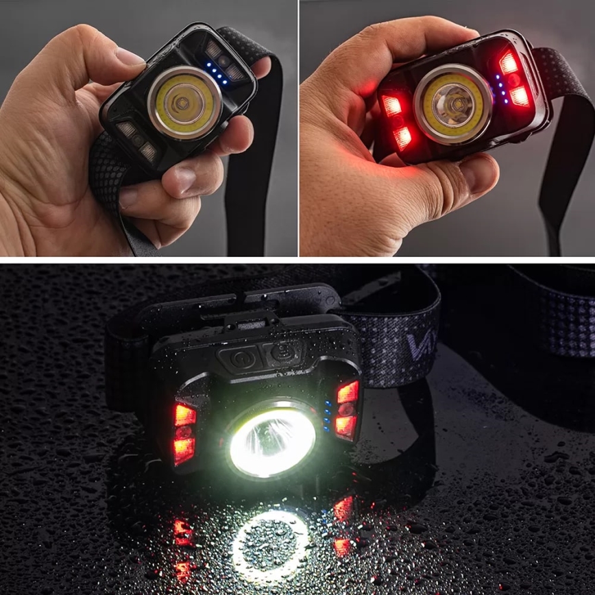 LED Stmívatelná nabíjecí čelovka se senzorem a červeným světlem LED/15W/5V IP66 430 lm 1800 mAh