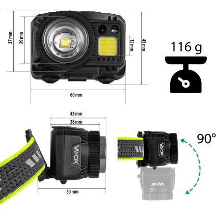 LED Stmívatelná nabíjecí čelovka se senzorem a červeným světlem LED/6W/5V/3xAAA IP66 500 lm 1200 mAh
