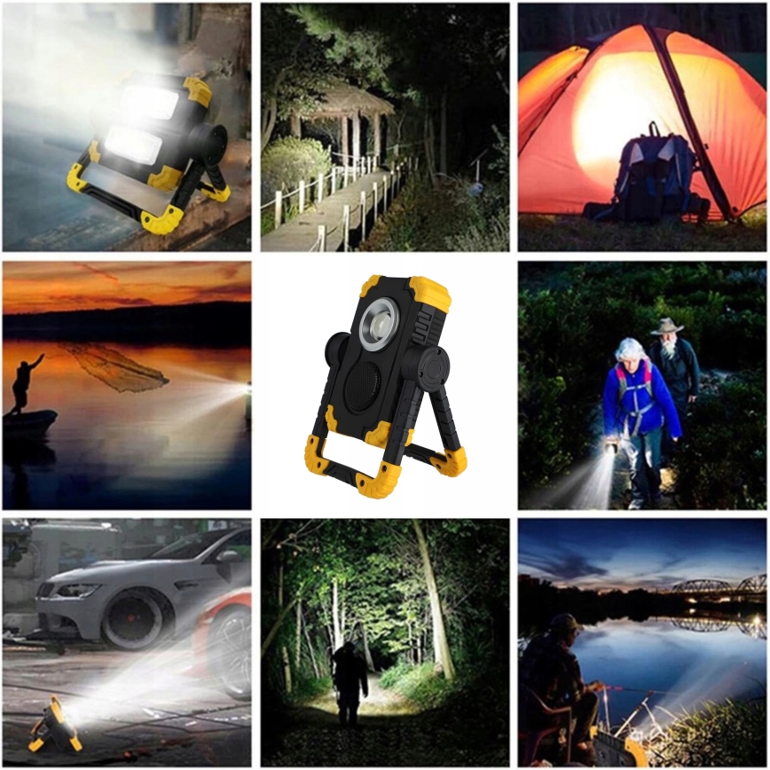 LED Nabíjecí reflektor s reproduktorem s funkcí powerbanky LED/10W/5V 4400 mAh IP44 černá/žlutá