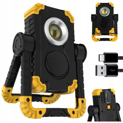 LED Nabíjecí reflektor s reproduktorem s funkcí powerbanky LED/10W/5V 4400 mAh IP44 černá/žlutá