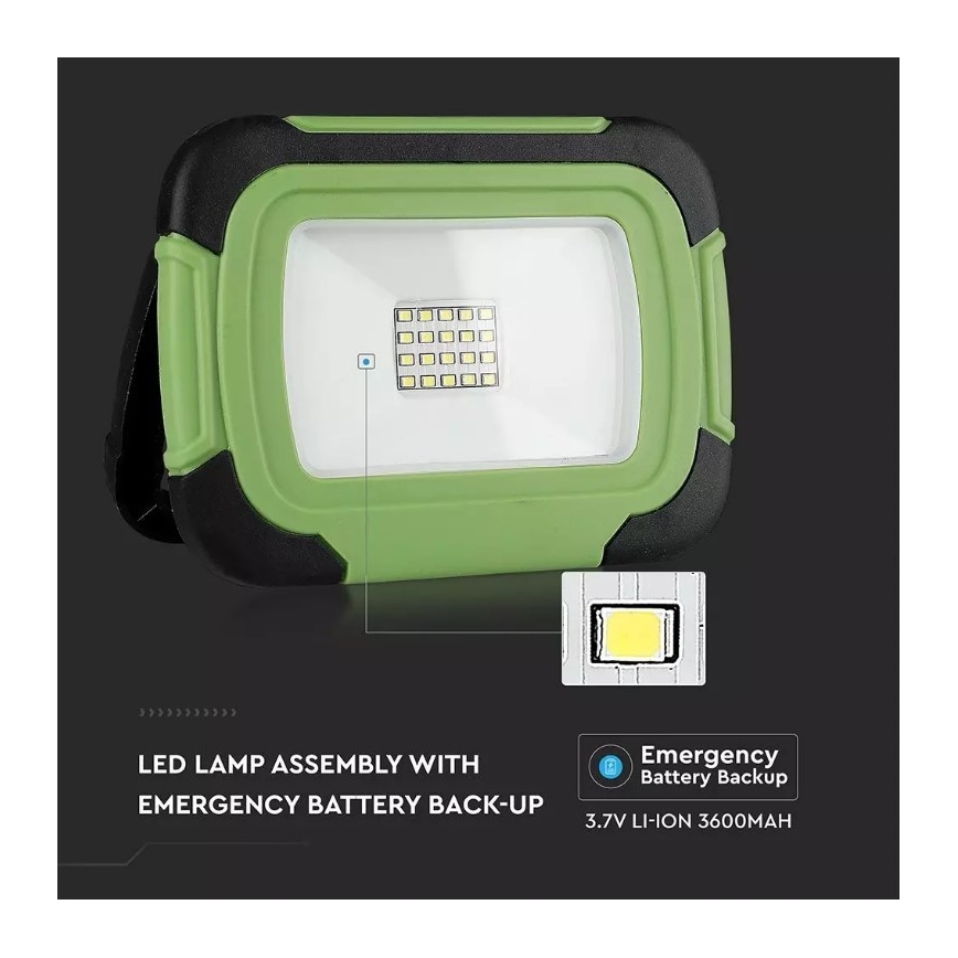 LED Nabíjecí reflektor SAMSUNG CHIP LED/10W/3,7V IP44 6400K 3600 mAh zelená