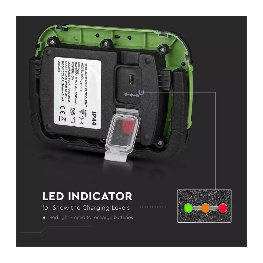 LED Nabíjecí reflektor SAMSUNG CHIP LED/10W/3,7V IP44 6400K 3600 mAh zelená