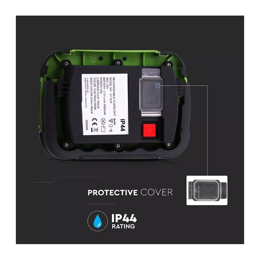 LED Nabíjecí reflektor SAMSUNG CHIP LED/10W/3,7V IP44 6400K 3600 mAh zelená