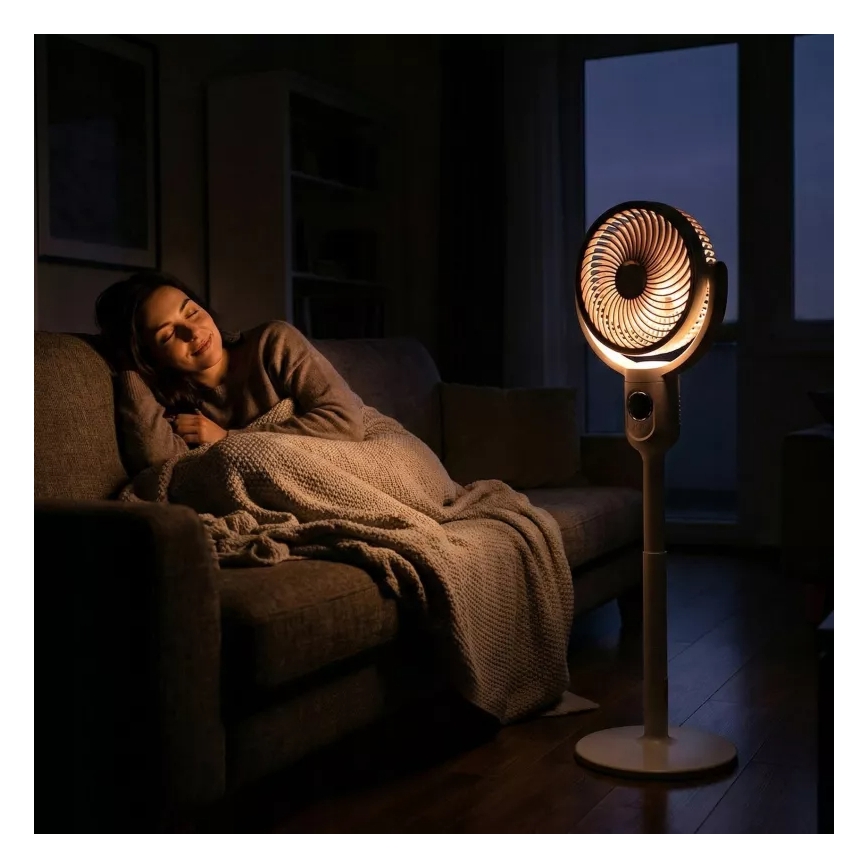 LED Nabíjecí stojanový ventilátor s LED osvětlením LED/4,8W/5V USB 7200 mAh bílá + dálkové ovládání