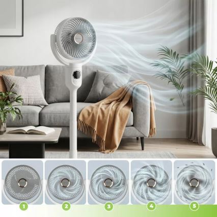 LED Nabíjecí stojanový ventilátor s LED osvětlením LED/4,8W/5V USB 7200 mAh bílá + dálkové ovládání