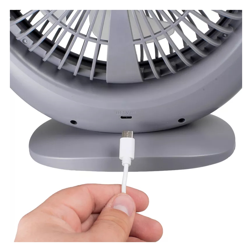 LED Nabíjecí stolní ventilátor s LED osvětlením LED/2,8W/5V USB 2400 mAh šedá