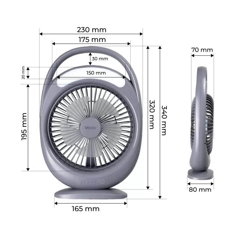 LED Nabíjecí stolní ventilátor s LED osvětlením LED/2,8W/5V USB 2400 mAh šedá
