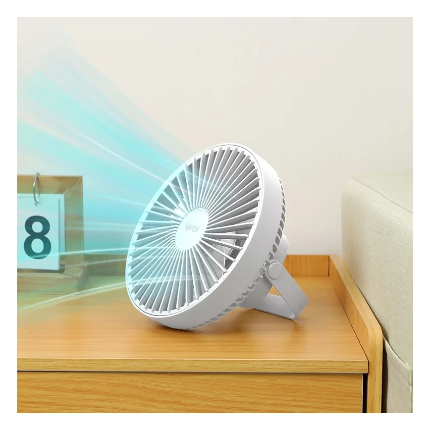 LED Nabíjecí stolní ventilátor s LED osvětlením LED/2W/5V USB 2400 mAh bílá