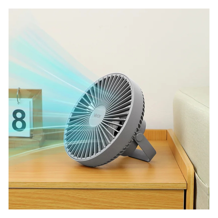 LED Nabíjecí stolní ventilátor s LED osvětlením LED/2W/5V USB 2400 mAh šedá