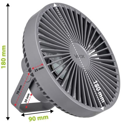 LED Nabíjecí stolní ventilátor s LED osvětlením LED/2W/5V USB 2400 mAh šedá