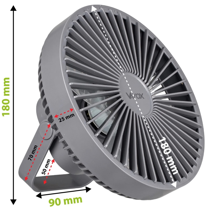 LED Nabíjecí stolní ventilátor s LED osvětlením LED/2W/5V USB 2400 mAh šedá