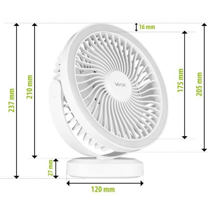 LED Nabíjecí stolní ventilátor s LED osvětlením LED/3W/5V USB 2400 mAh bílá