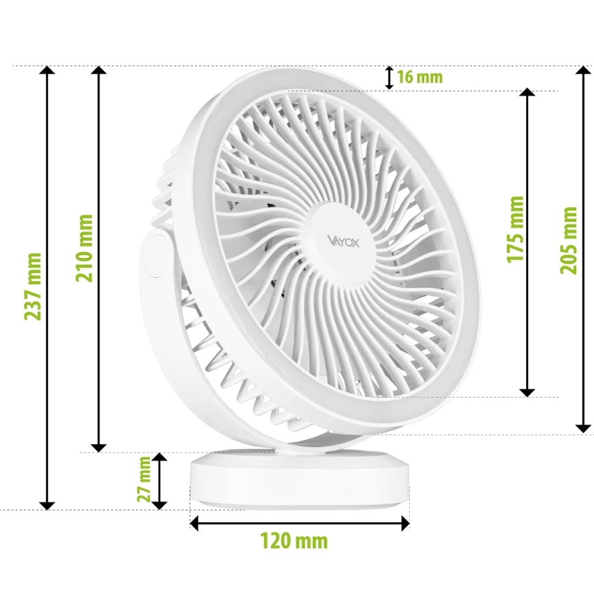 LED Nabíjecí stolní ventilátor s LED osvětlením LED/3W/5V USB 2400 mAh bílá