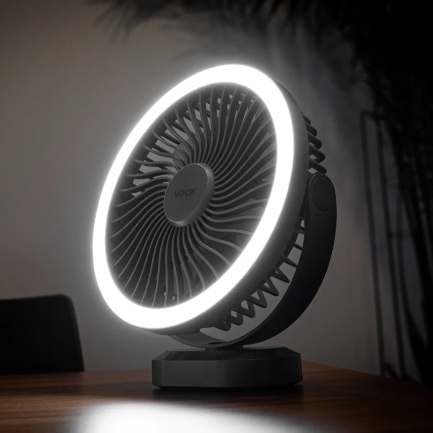 LED Nabíjecí stolní ventilátor s LED osvětlením LED/3W/5V USB 2400 mAh šedá
