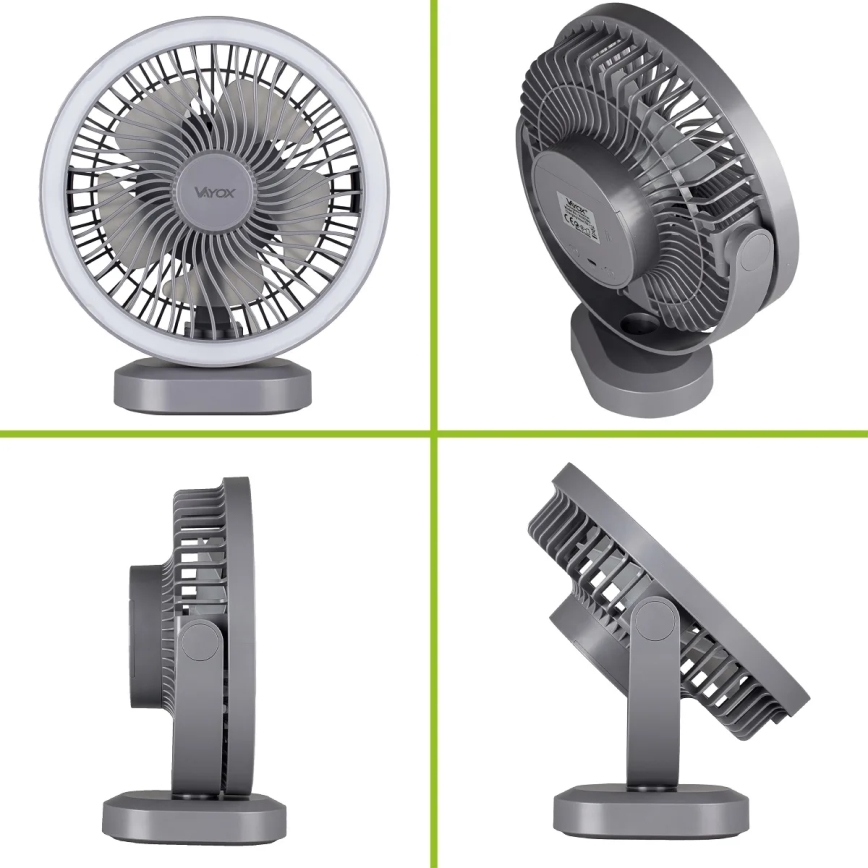 LED Nabíjecí stolní ventilátor s LED osvětlením LED/3W/5V USB 2400 mAh šedá
