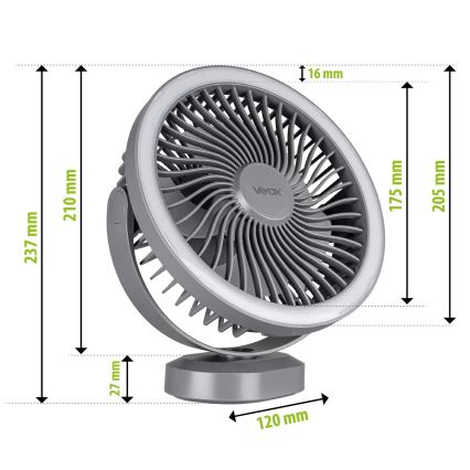 LED Nabíjecí stolní ventilátor s LED osvětlením LED/3W/5V USB 2400 mAh šedá