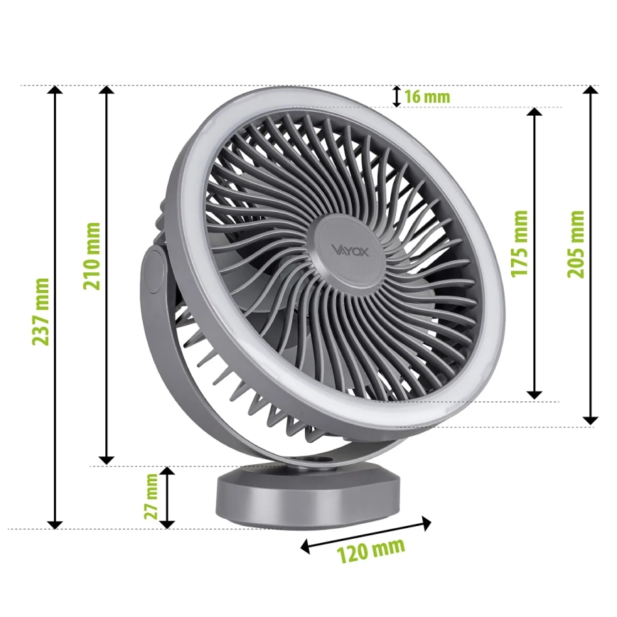 LED Nabíjecí stolní ventilátor s LED osvětlením LED/3W/5V USB 2400 mAh šedá