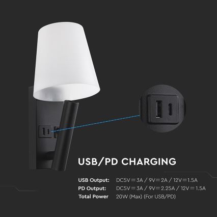 LED Nástěnná lampa s USB portem LED/2W/230V 3000K černá/bílá