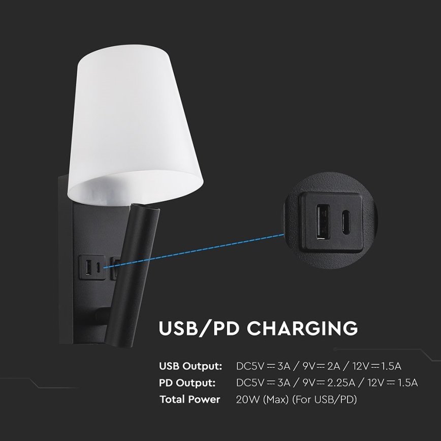 LED Nástěnná lampa s USB portem LED/2W/230V 3000K černá/bílá