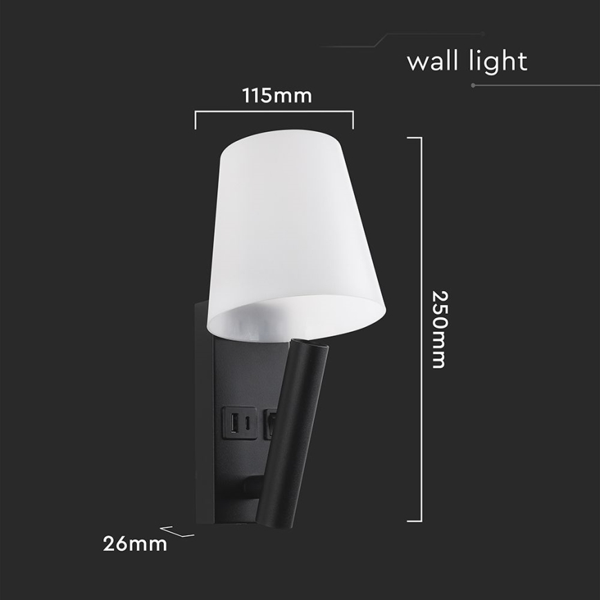 LED Nástěnná lampa s USB portem LED/2W/230V 3000K černá/bílá