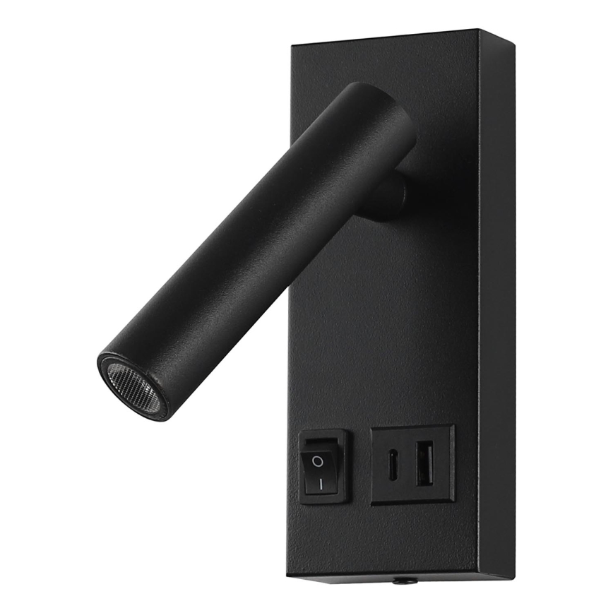 LED Nástěnné bodové svítidlo s USB CHARGE LED/2W/230V černá