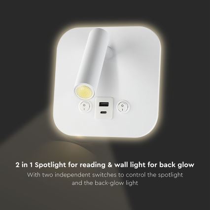 LED Nástěnné bodové svítidlo s USB portem LED/8W/230V 3000K bílá