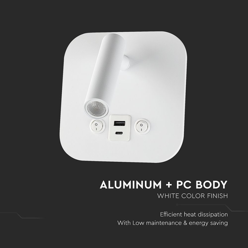 LED Nástěnné bodové svítidlo s USB portem LED/8W/230V 3000K bílá