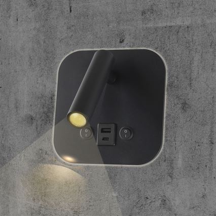 LED Nástěnné bodové svítidlo s USB portem LED/8W/230V 3000K černá