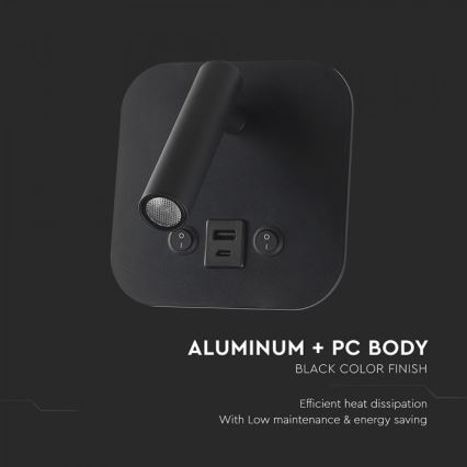 LED Nástěnné bodové svítidlo s USB portem LED/8W/230V 3000K černá