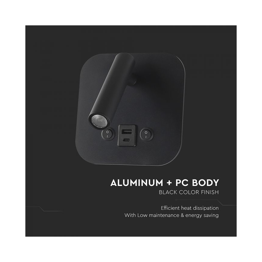 LED Nástěnné bodové svítidlo s USB portem LED/8W/230V 3000K černá