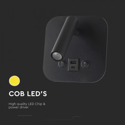 LED Nástěnné bodové svítidlo s USB portem LED/8W/230V 3000K černá
