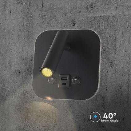 LED Nástěnné bodové svítidlo s USB portem LED/8W/230V 3000K černá