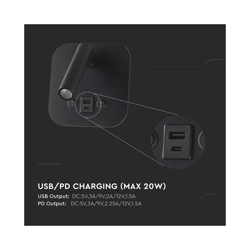 LED Nástěnné bodové svítidlo s USB portem LED/8W/230V 3000K černá