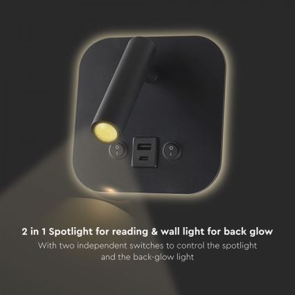 LED Nástěnné bodové svítidlo s USB portem LED/8W/230V 3000K černá